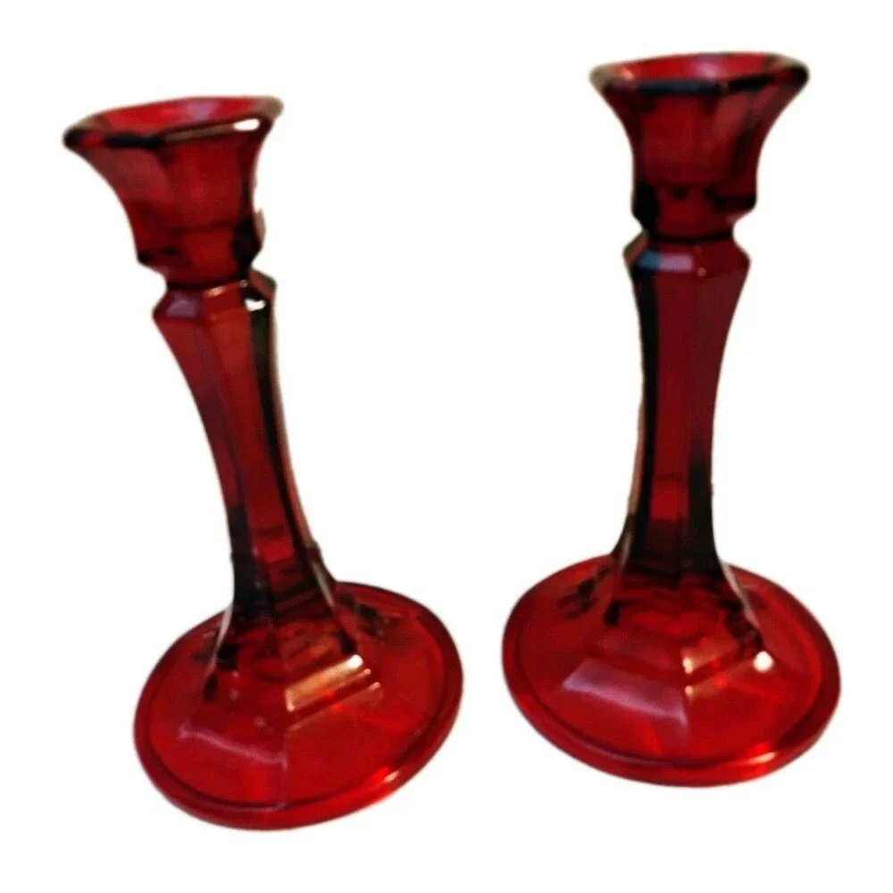Vintage Indiana Glass Ruby Red Candlesticks for taper candles 6 Inches Tall